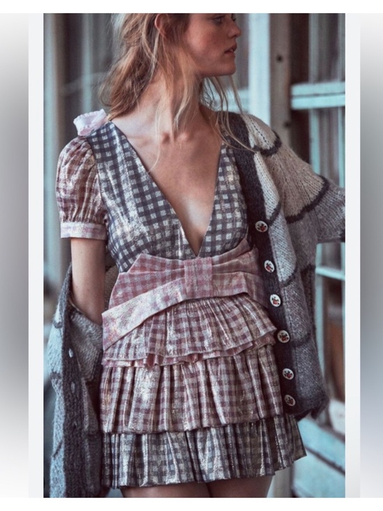 LoveShackFancy Dresses & Skirts - LoveShackFancy Lucinda Metallic Plaid Tiered Bow Mini Dress